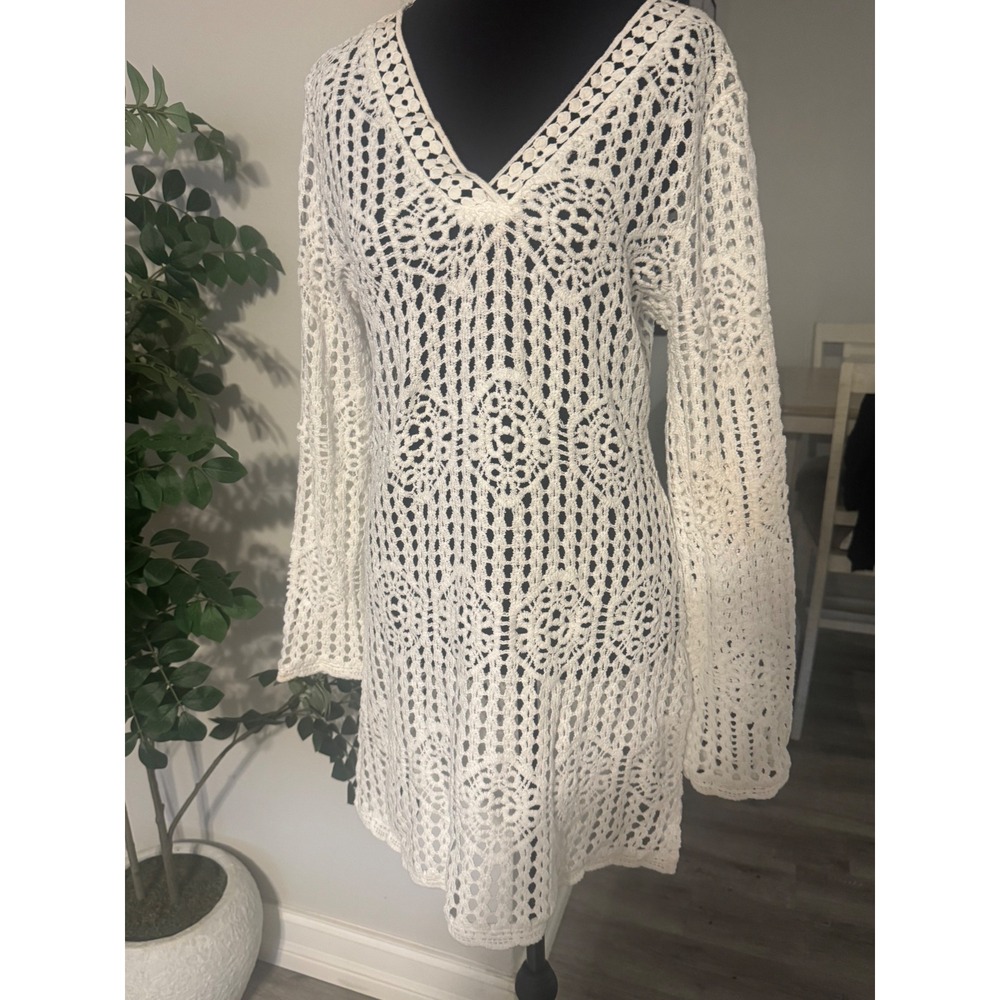 La Blanca White Crochet Cotton V-Neck Swim Cover-Up Dress Long Sleeve Small